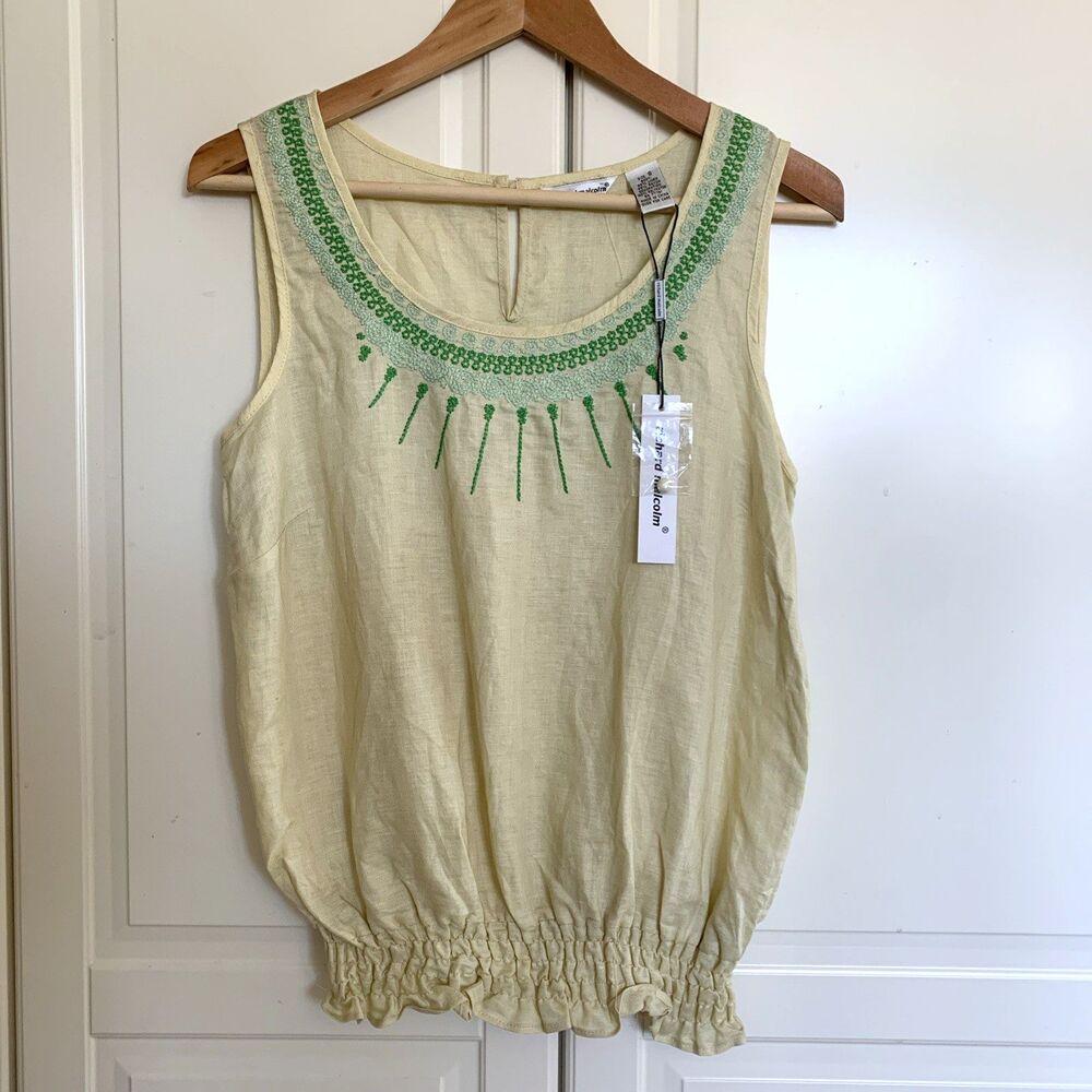 Richard Malcolm Sleeveless Blouse Top Linen Embroidered Yellow Womens S
